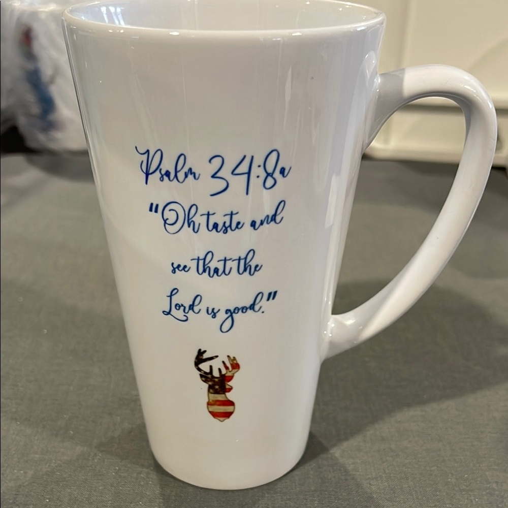 Inspirational 17oz White Latte Mug with Blue Script and patriotic deer head.